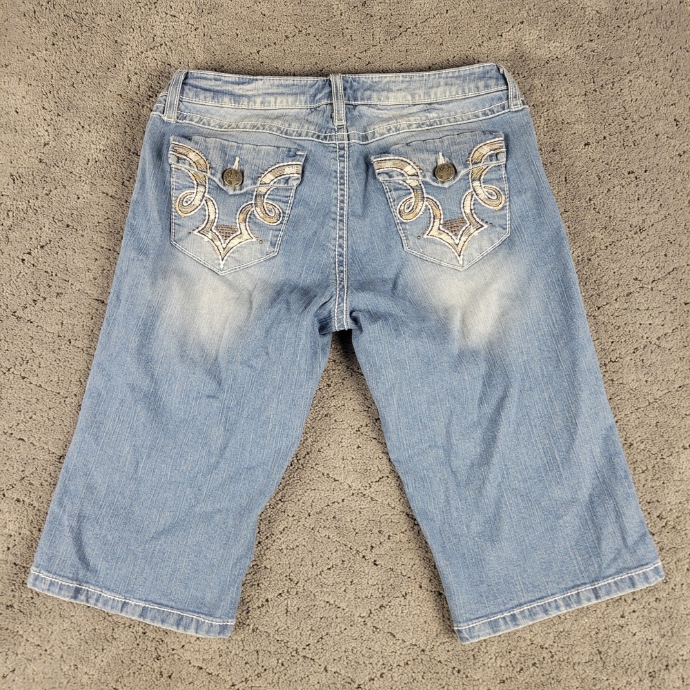 Wrangler Rock 47 Shorts Womens 7 Blue Bermuda Ultra Low Rise Flap Pocket Faded
